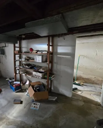 Storage shelves and household items in an unfinished basement